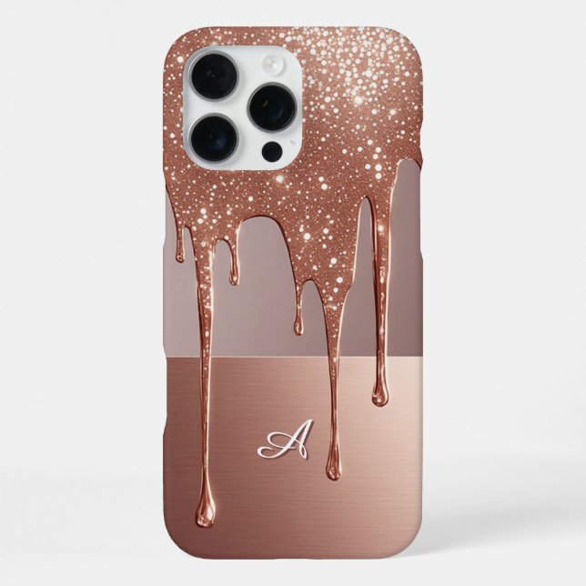 Roségold Glitter-Tropf Custom Name Monogramm iPhone Hülle (Rückseite)