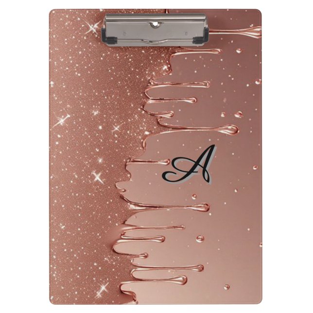 Roségold Glitter-Tropf Custom Name Monogramm Klemmbrett (Vorderseite)
