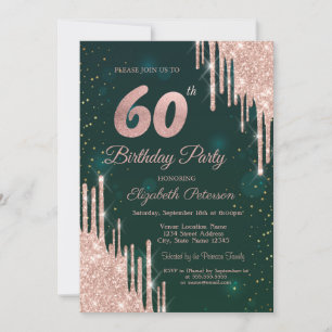 Roségold Glitter Tropfen Grün 60. Geburtstag Einladung