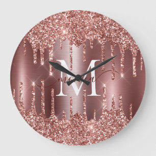 Roségold Glitter-Tropfen Monogramm Personalisierte Große Wanduhr