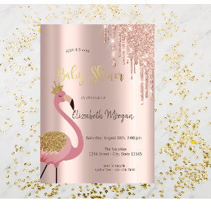 Roségold Glitter Tropfen Pinker Flamingo Babyparty Einladung