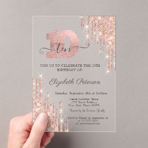 Roségold Glitter Tropfen Roségold 10. Geburtstag Acryleinladungen