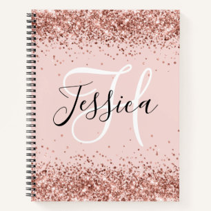 Roségold Glitter und Blush Monogramm Notizbuch