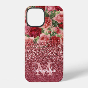Roségold Glitter Vintage Rot Pink Rosen Floral iPhone 12 Hülle