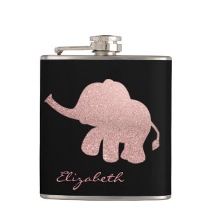 Roségold Glitterelefant, Schwarz - Personalisiert Flachmann