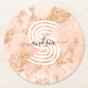 Roségold Glittermarmor, Schriftname Wht Monogramm Runder Pappuntersetzer