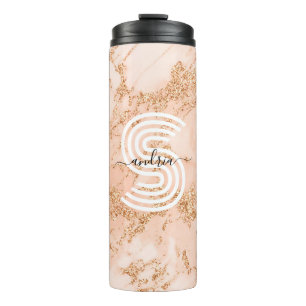 Roségold Glittermarmor, Schriftname Wht Monogramm Thermosbecher