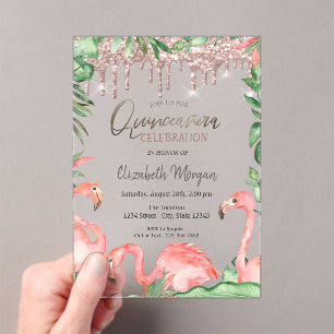 Roségold Glittertropfen rosa Flamingos Quinceañera Acryleinladungen