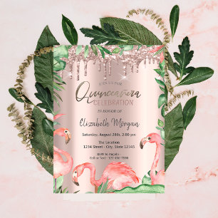 Roségold Glittertropfen rosa Flamingos Quinceañera Einladung