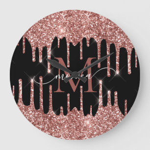 Roségold Glittertropfen Schwarzes Monogramm Person Große Wanduhr