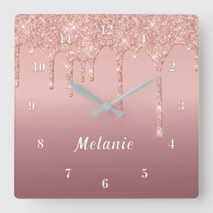 Roségold Glitteruhr Geschenk Personalisierter Name Quadratische Wanduhr
