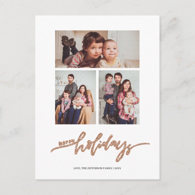 Rosegold Glitzer Weihnachten 3 Foto Collage Holida Postkarte (Vorderseite)