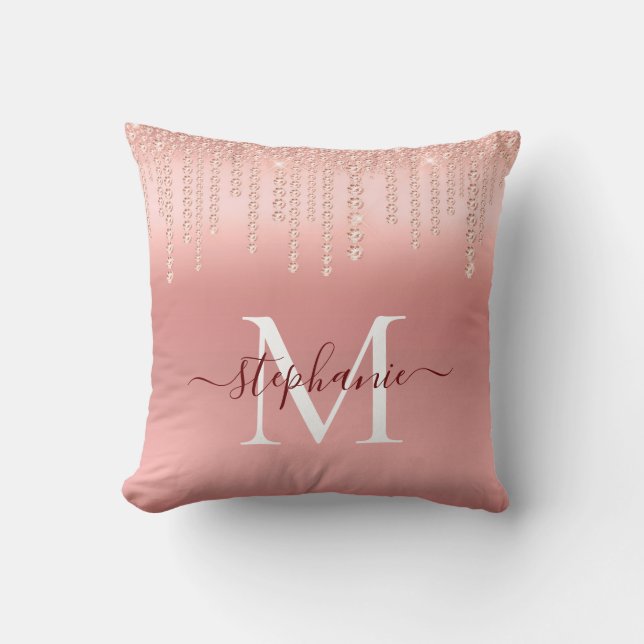 Roségold Glitzernde Diamant Monogramm Schrift Kissen (Vorderseite)