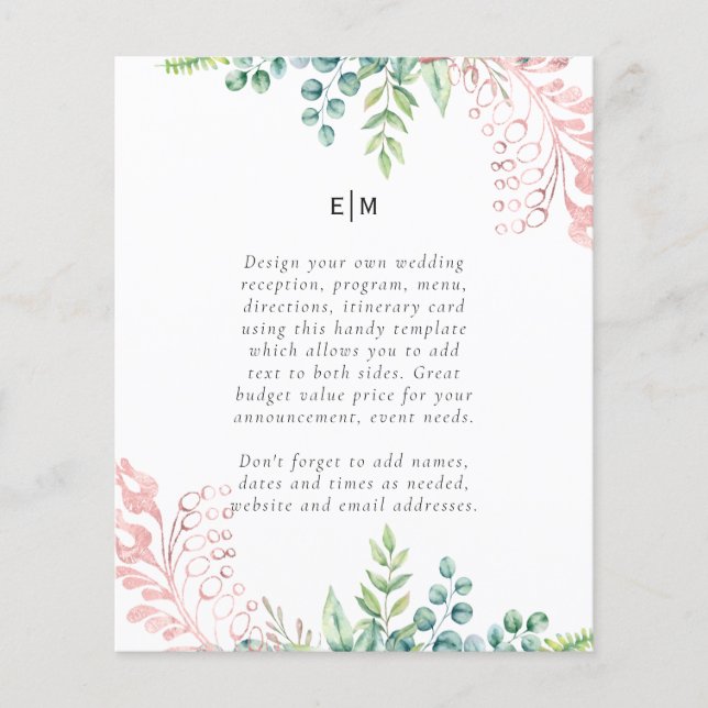 Rosegold Greenery Wedding Reception Program (Vorderseite)