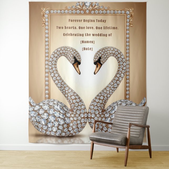 Roségold-Hochzeitsschwan-Liebesbogen-Design Wandteppich (Beispiel)