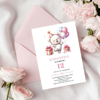 Roségold Mädchen Geburtstag Teddybär Ballon Einlad Einladung