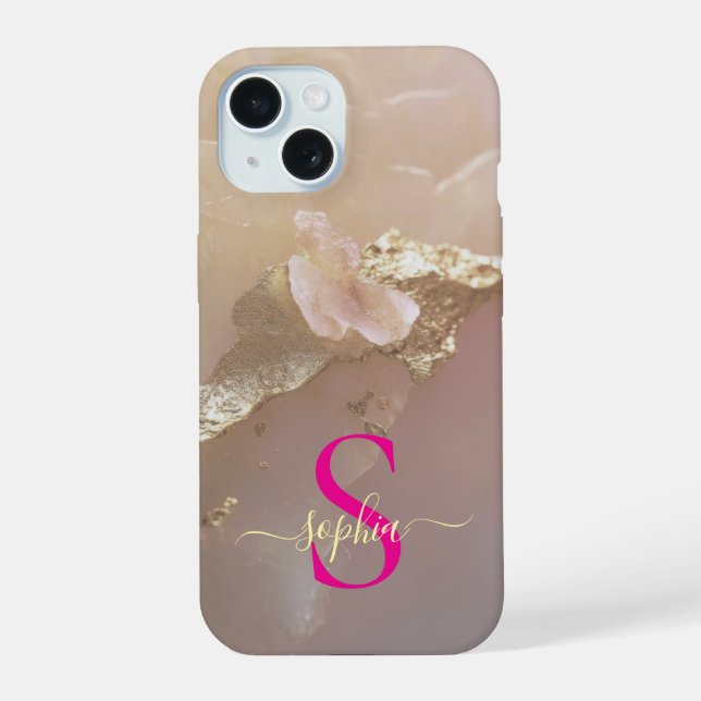Roségold-Marmor-Gold-Glitter-Monogramm iPhone 15 Hülle (Rückseite)