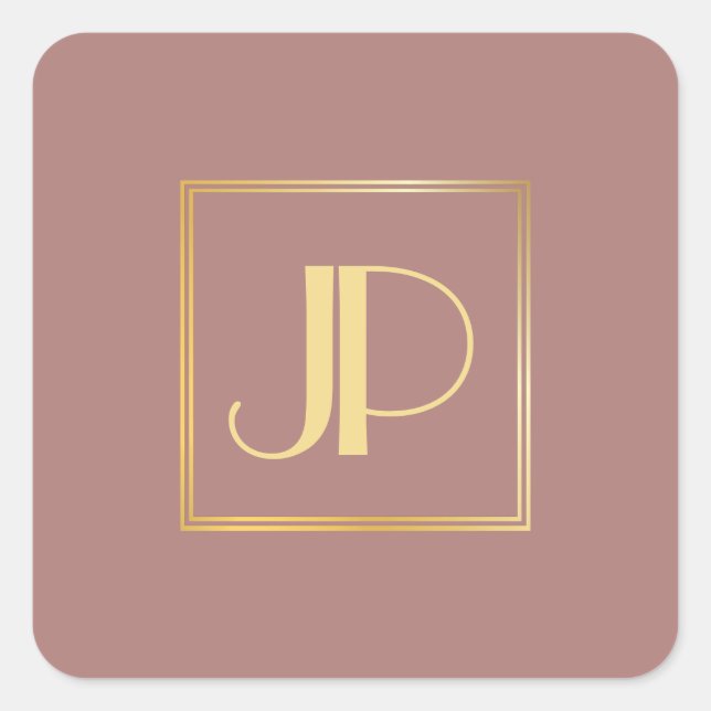 Rosegold Modern Gold Look Monogram Template Quadratischer Aufkleber (Vorderseite)