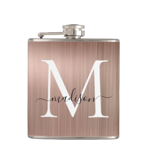 Roségold-Monogramm Schrift Gebürsteter Stahl Metal Flachmann