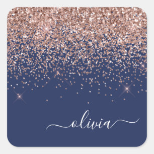 Roségold Navy Blau Glitzer Monogramm Quadratischer Aufkleber