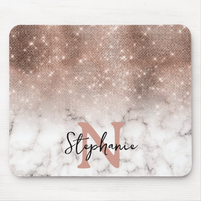Roségold-Pailletten-Glitter-Marmor-Ombre-Monogramm Mousepad (Vorne)