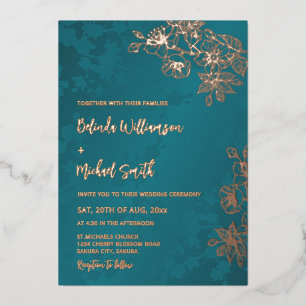 Roségold-Pfau-Grün-Blumenhochzeit Folieneinladung
