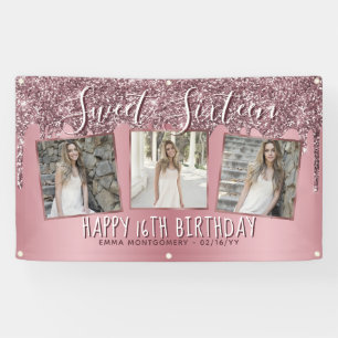 Roségold-pink glänzende Fotocollage zum 16. Geburt Banner