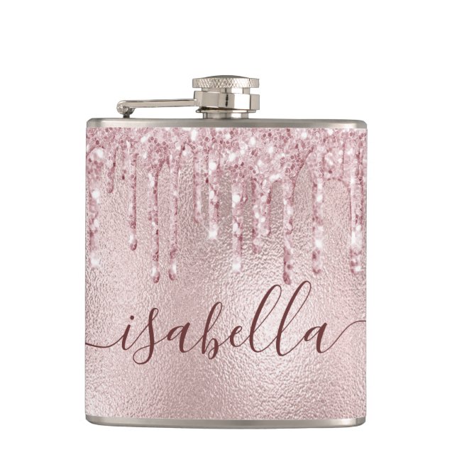 Roségold-pink-glitzer-tropfen-monogramm-schrift Flachmann (Vorderseite)