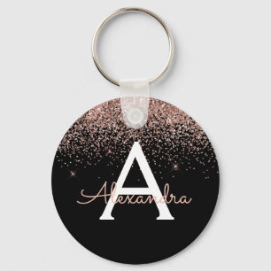 Roségold Pink Schwarz Glitter Monogramm Schlüsselanhänger