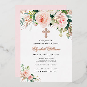 Roségold-pinke Aquarell-Blumen-Mädchen-Taufe Folieneinladung