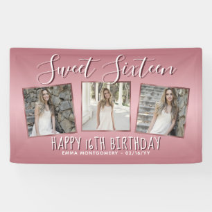 Roségold-pinke Folien-Fotocollage 16. Geburtstag Banner