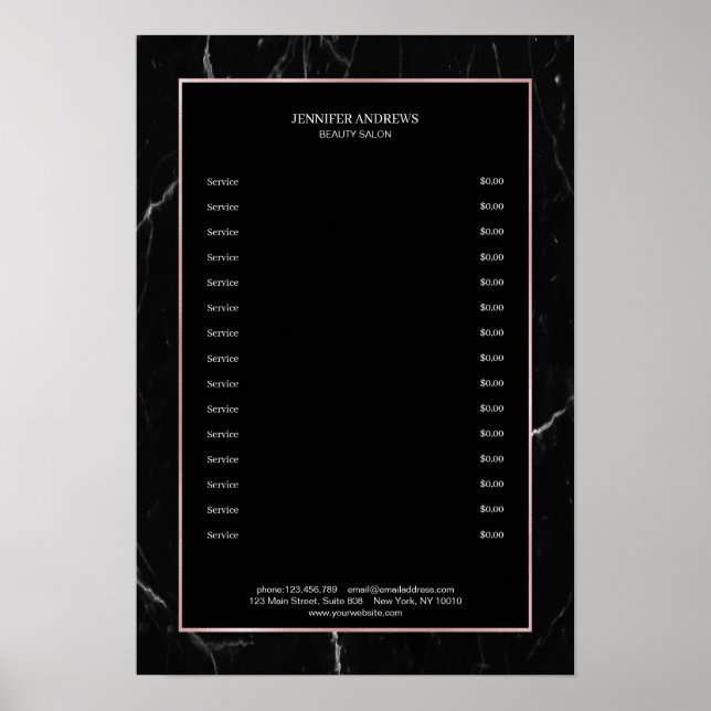 Rosegold-Preisliste für elegantes Schwarzes Marmor Poster (Vorne)