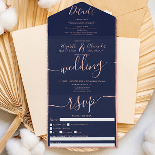 Roségold-Rand navyblaue Schrift Hochzeit All In One Einladung