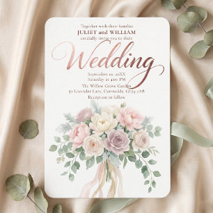 Roségold-Rosa-Aquarell-Blumenstrauß-Hochzeit Einladung