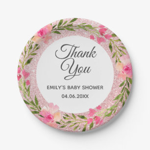 Roségold-Rosa-Blumenkranz-Danke-Baby-Party Pappteller