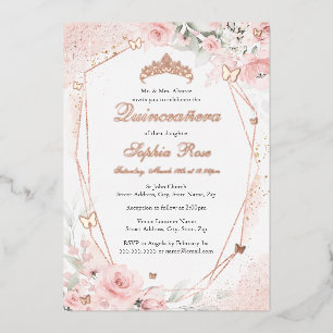Roségold-Rosa-Blush-Schmetterling-Blumen-Quinceane Folieneinladung