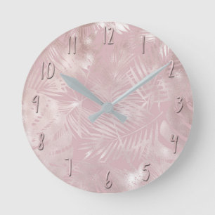 Roségold Rosa Botanisch Tropisch Palmenbaum Blätte Runde Wanduhr