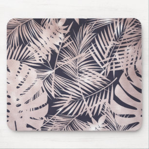 Roségold Rosa Dunkle Tropische Palmenbaumblätter Mousepad
