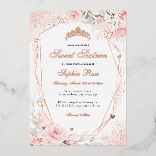 Roségold Rosa Erröten Schmetterling Floral Sweet 1 Folieneinladung