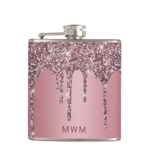 Roségold Rosa Glitter Funkeln Tropfen Monogramm 18 Flachmann