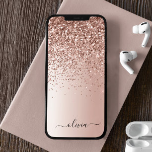 Roségold - Rosa Glitter Metall Monogramm Name iPhone 13 Hülle