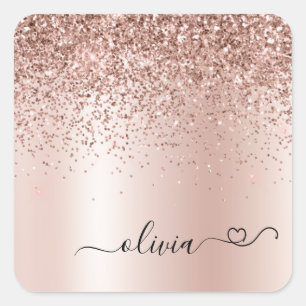 Roségold - Rosa Glitter Metall Monogramm Name Quadratischer Aufkleber