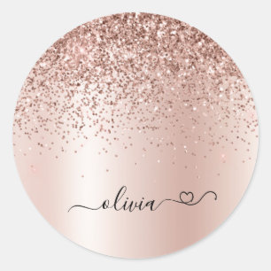 Roségold - Rosa Glitter Metall Monogramm Name Runder Aufkleber