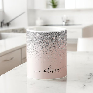 Roségold - Rosa Glitter Silber Monogramm Kaffeetasse