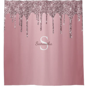 Roségold Rosa Glittertropfen Glanz Monogramm Name Duschvorhang