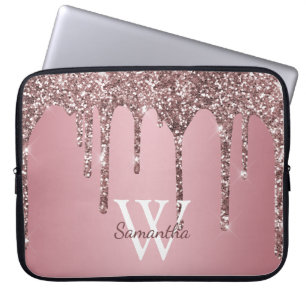 Roségold Rosa Glittertropfen Glanz Monogramm Name Laptopschutzhülle