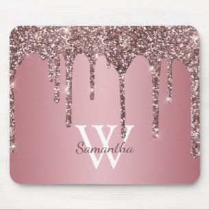 Roségold Rosa Glittertropfen Glanz Monogramm Name Mousepad