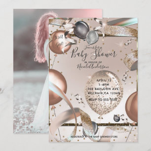 Roségold rosa glitzernde Ballons Baby Shower Foto Einladung