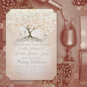 Roségold-Rosa-Herz-Blatt-Baum-Hochzeit Einladung