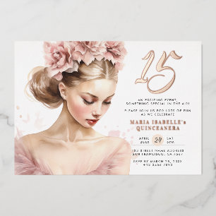 Roségold-Rosa Prinzessin Quinceañera Geburtstagsfe Folieneinladung